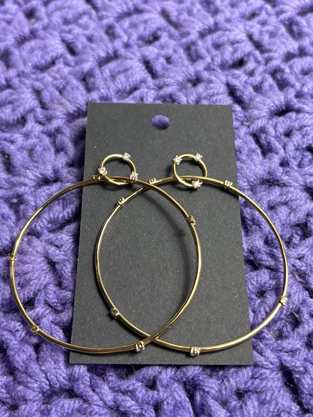 Goldtone Circles Dangle Hoop Earrings Tiny White Rhinestones 2.75 inches
